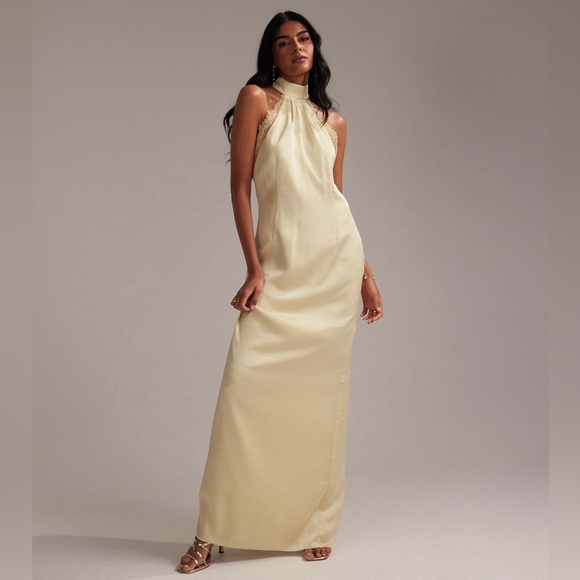 NWT ASOS DESIGN lace detail halter column maxi dress in soft yellow. Size 10